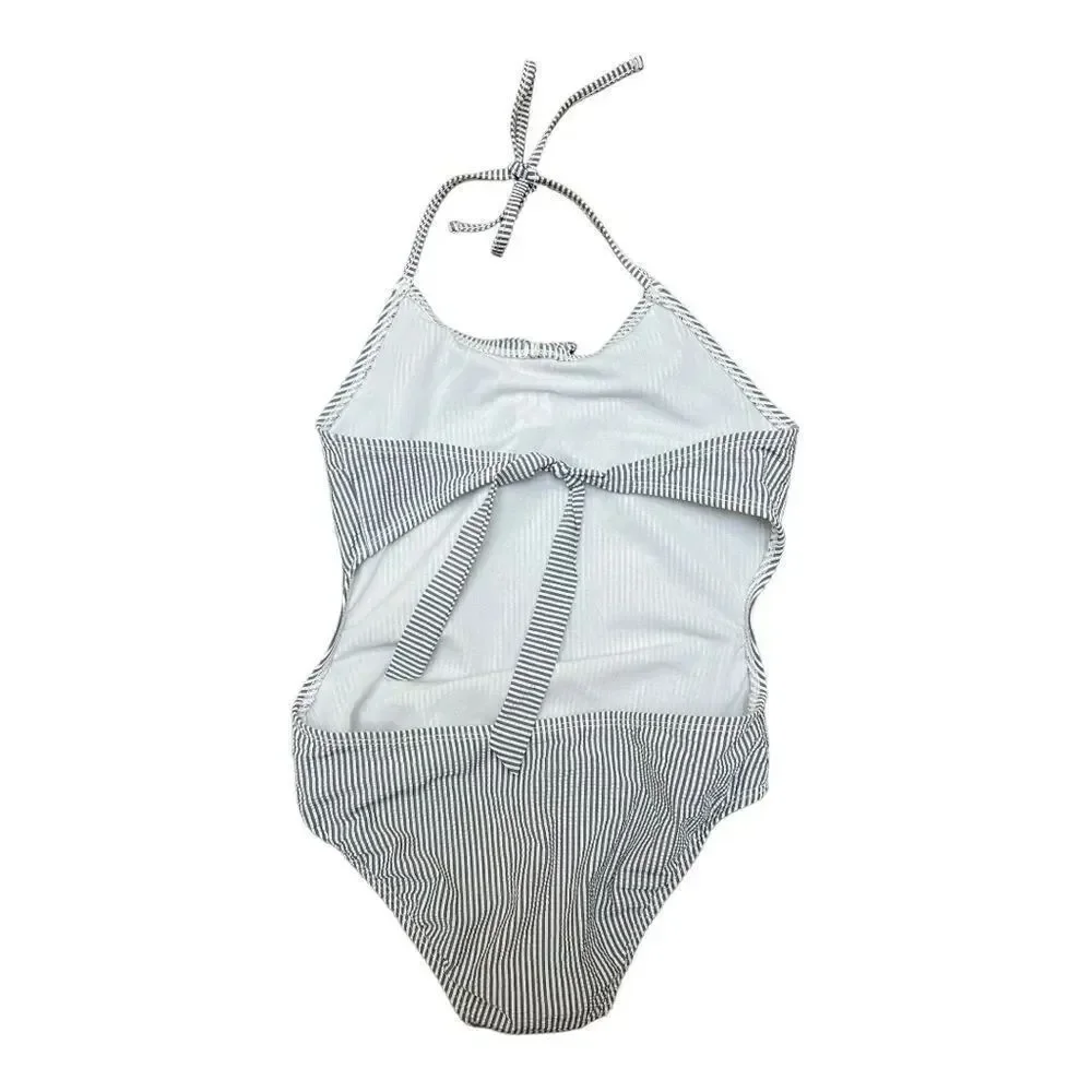 Gap Kids Seersucker 1Pc Swimsuit Open Back Sz M Gray White Micro Stripe EUC